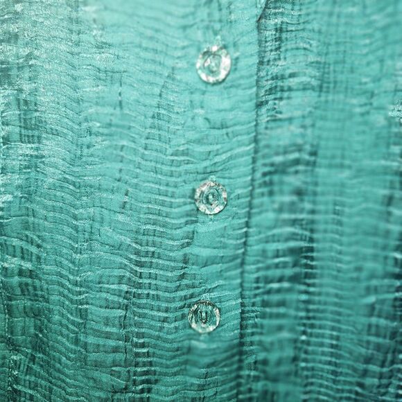 Drapers & Damons Top Women PM Petite Green Blouse Ruffled Buttons Crinkle - Picture 2 of 9